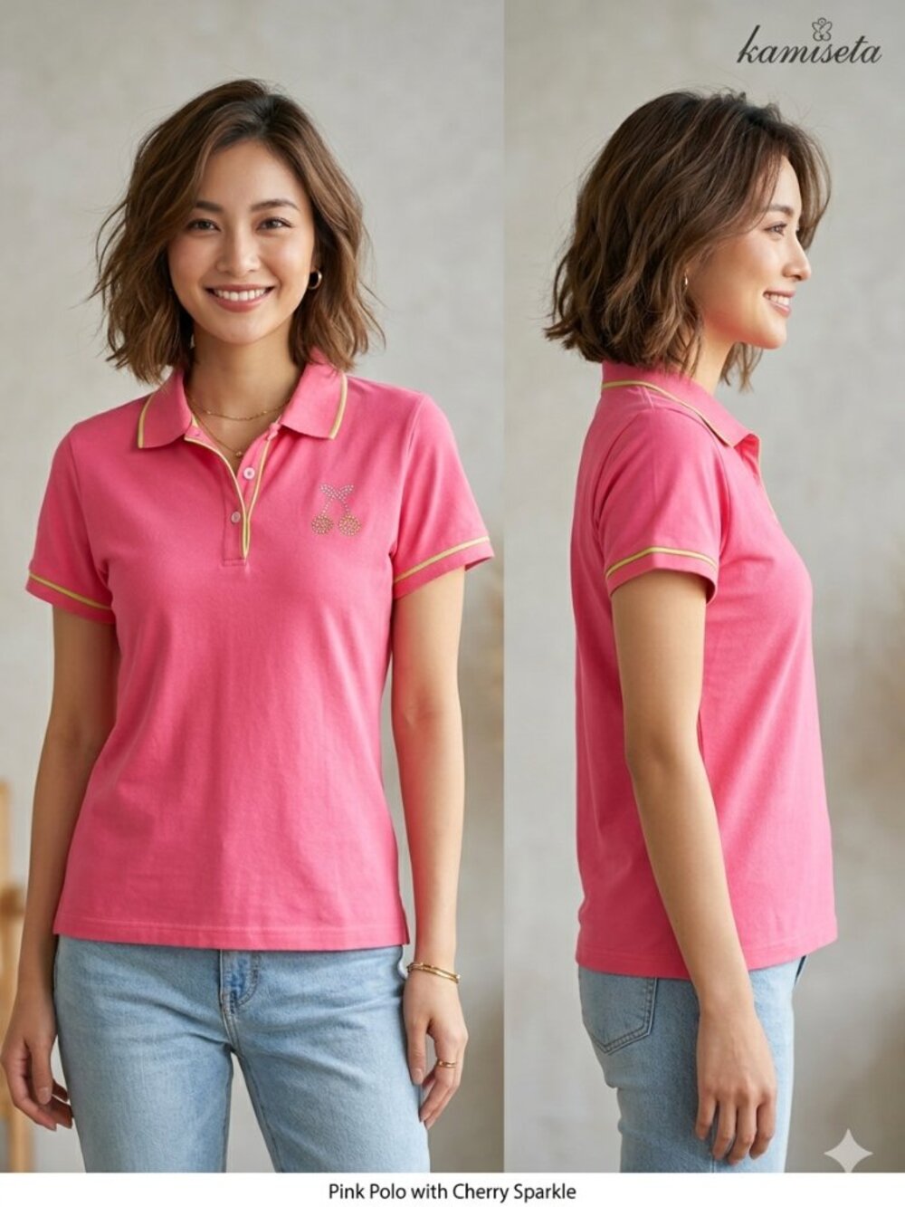 Kamiseta Pink with Lime Green Trim Women's Polo Shirt - Size Large Fits Medium